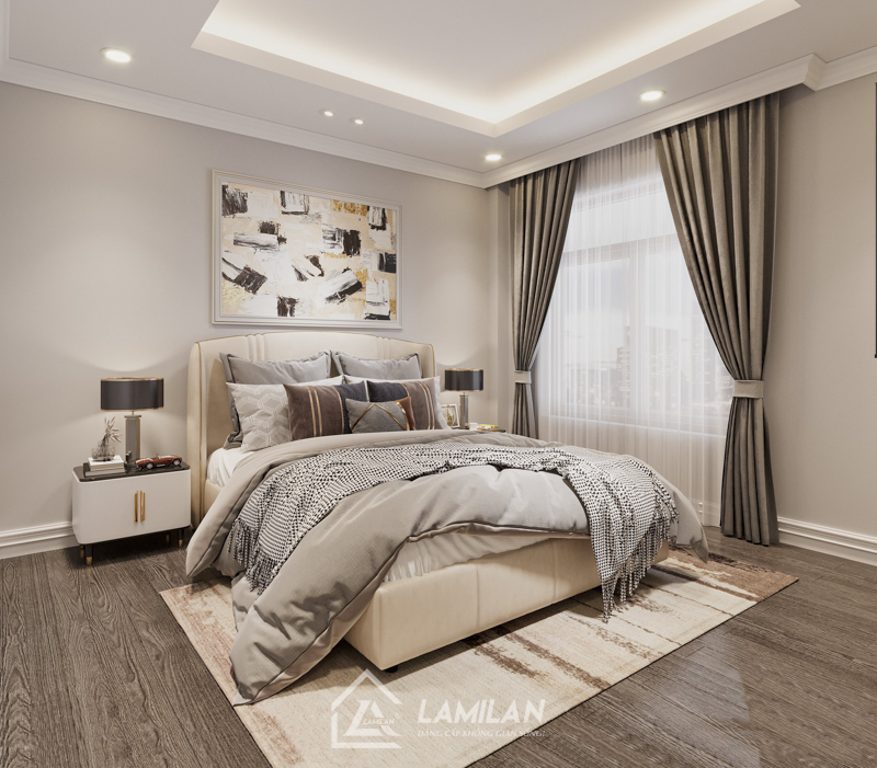 Bản thiết kế nhà phố 3 tầng với nội thất phòng ngủ đẹp