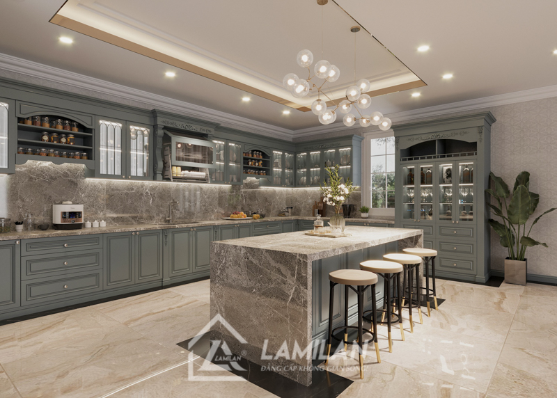 Mẫu tủ bếp chữ L nhỏ đẹp kết hợp quầy bar mini