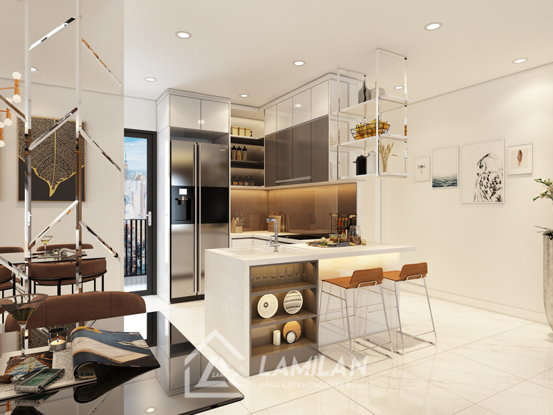 Tủ bếp làm từ gỗ Acrylic bóng gương