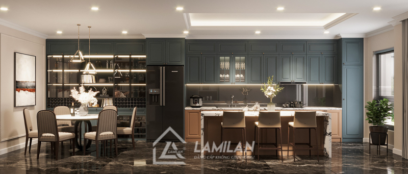 Thiết kế bếp có quầy bar màu xanh đen