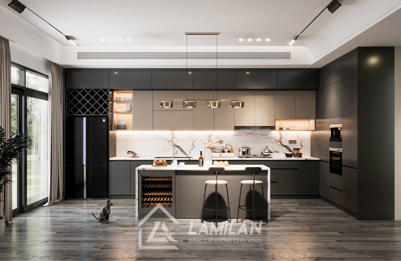 Tủ bếp MDF lõi xanh được phủ Veneer