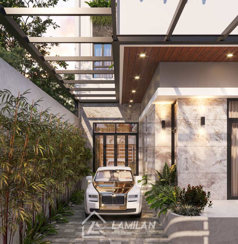 Thiết kế nhà phố 2 tầng mái Thái có gara