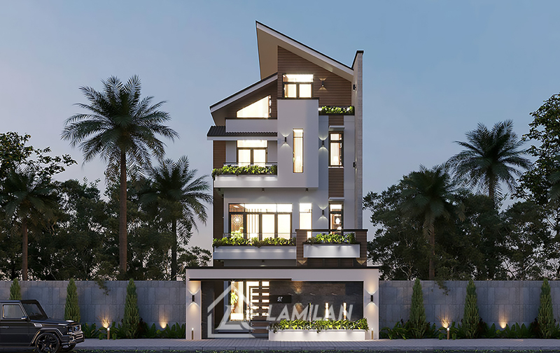 Thiết kế nhà phố 3 tầng mái lệch
