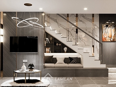 KỆ TIVI KẾT HỢP VÁCH NGĂN CẦU THANG CỰC KỲ TIỆN ÍCH